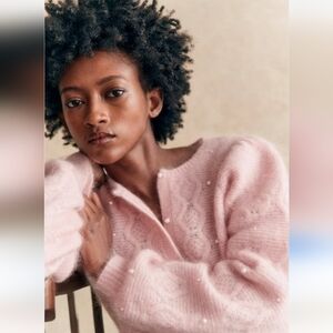 LA MAILLE SÉZANE Nattie Kid Mohair Blush Pink Knit Cardigan With Pearls NWT L